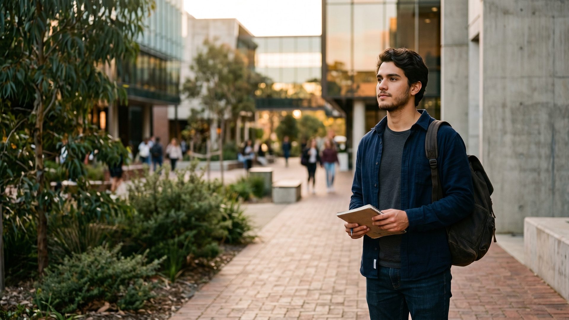 Estudante internacional em campus moderno na Austrália, representando preparação para visto de estudo.