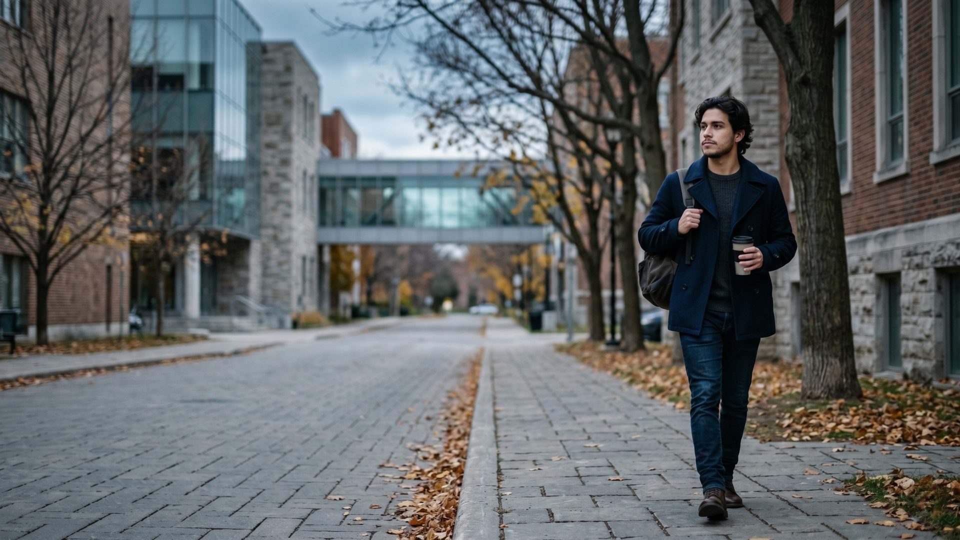 Estudante caminhando por uma rua de campus universitário no Canadá em dia de outono.