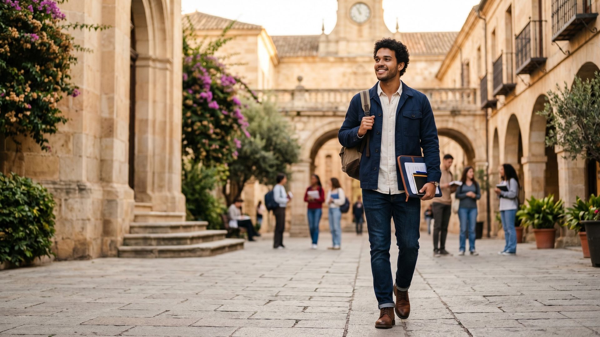 Estudante em cidade universitária espanhola, representando preparação para visto de estudo na Espanha.