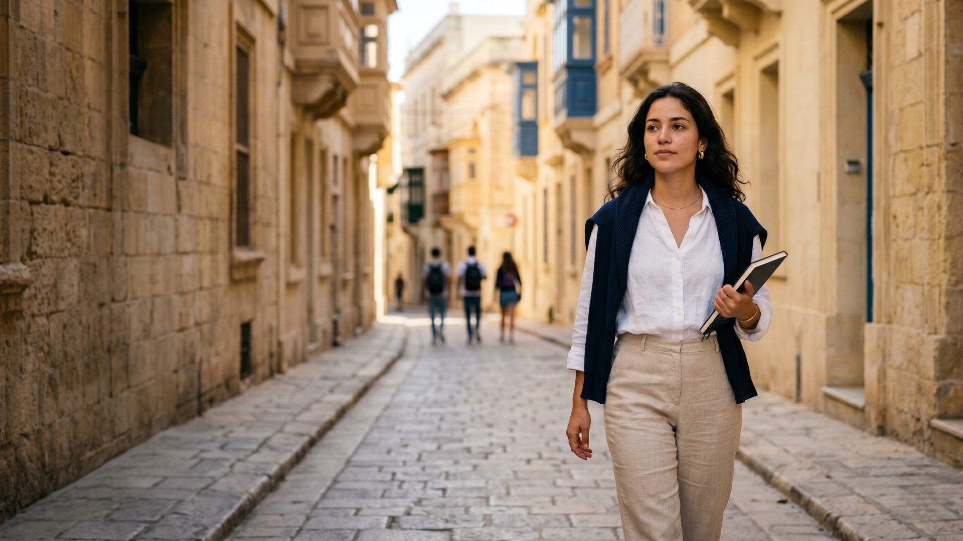Estudante em rua de pedra calcária maltesa, representando preparação para visto de estudo em Malta.