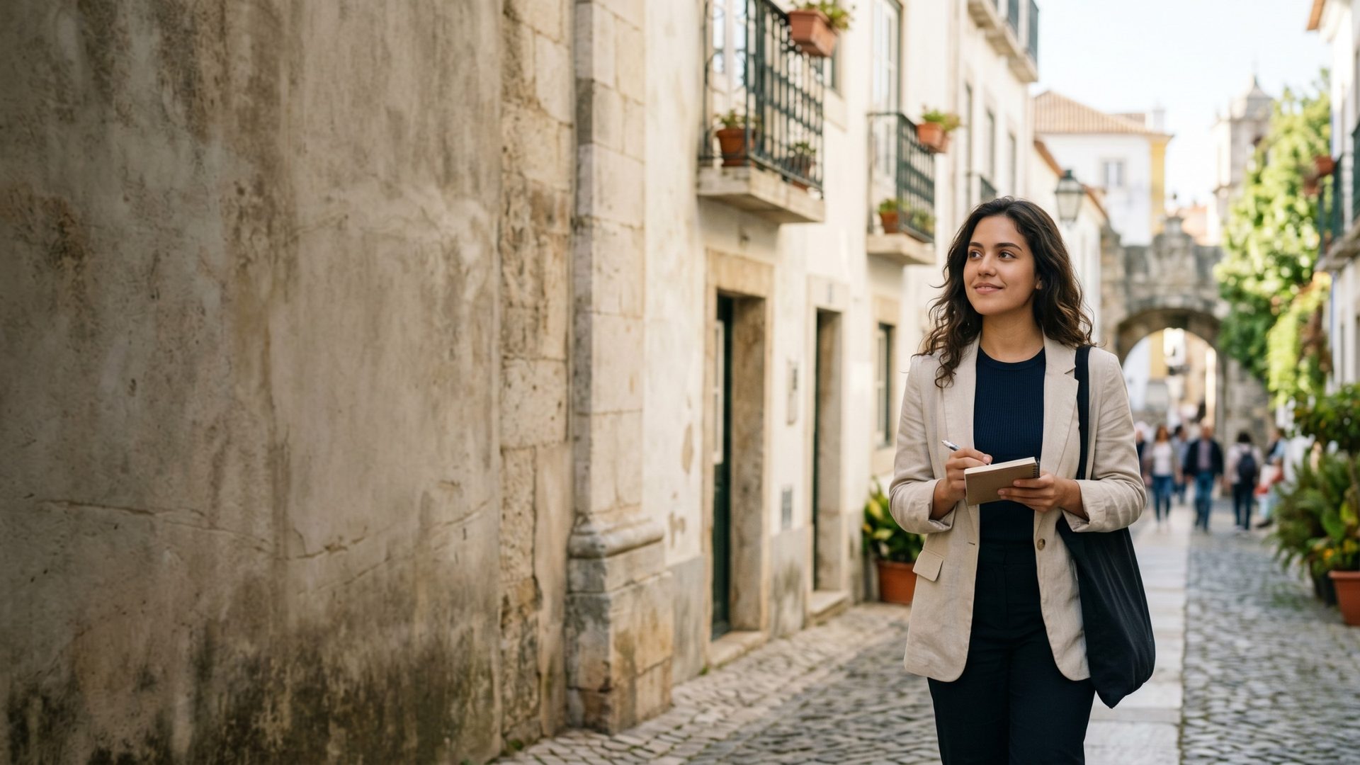 Estudante em rua histórica portuguesa, representando preparação para visto de estudo em Portugal.