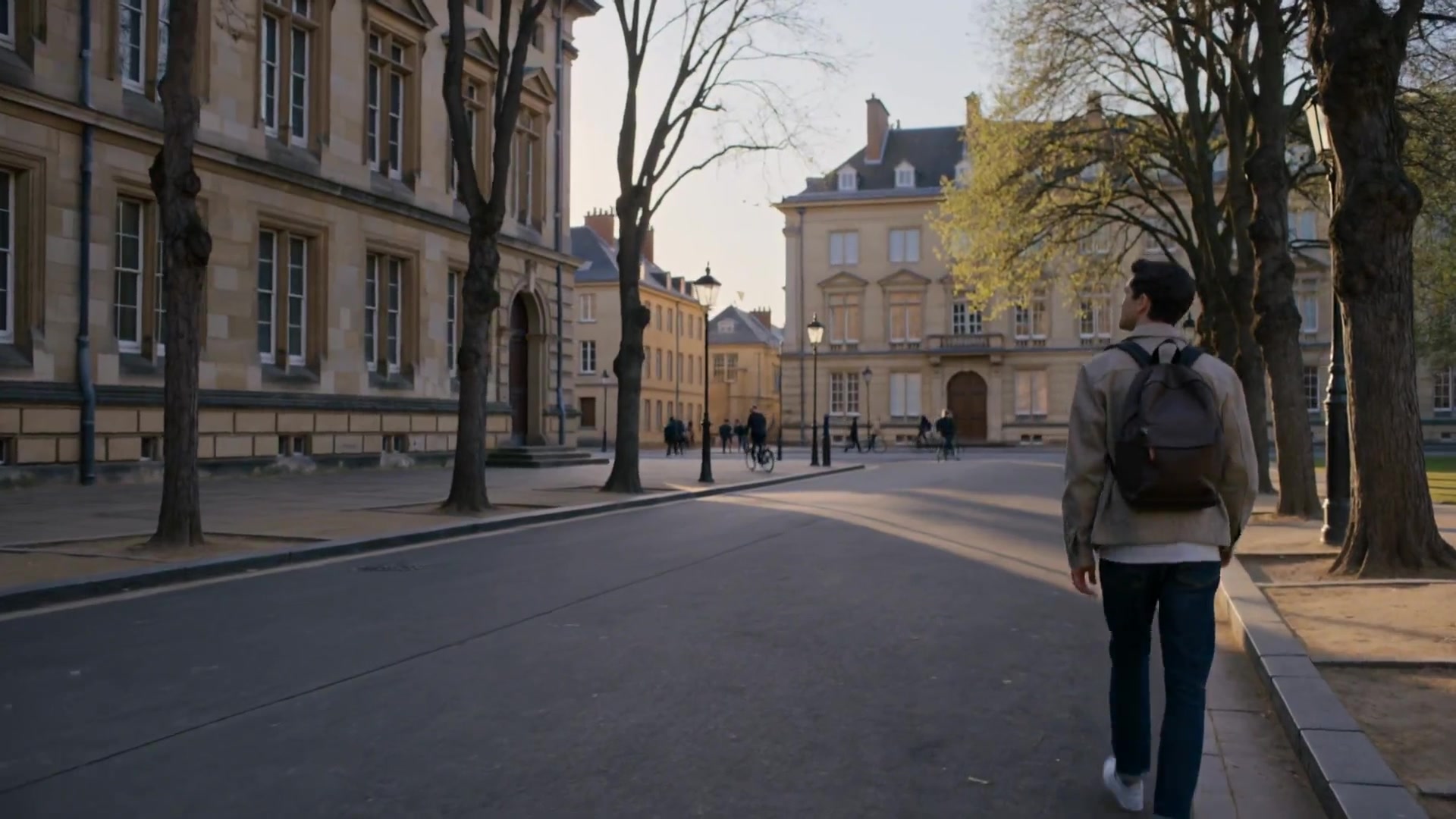Estudante caminhando por cidade universitaria europeia ao amanhecer
