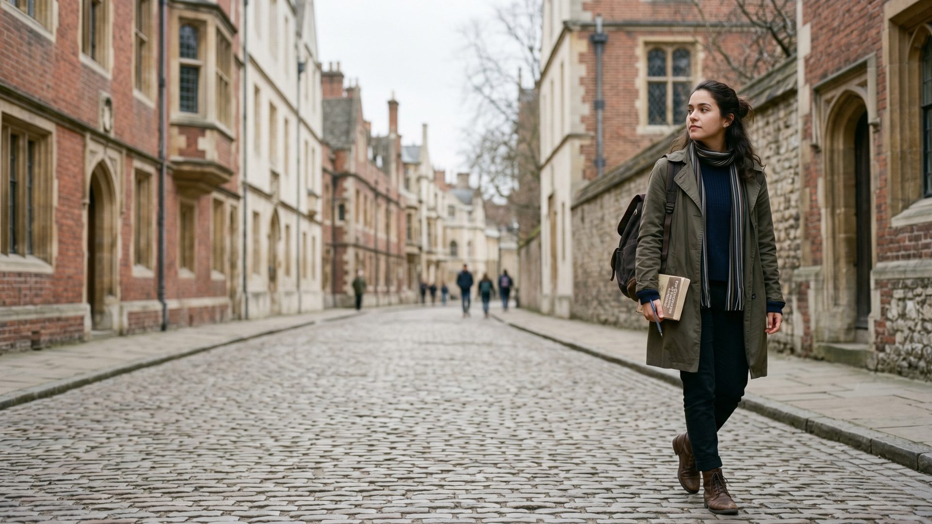 Estudante em rua acadêmica britânica de pedra clara, representando preparação para visto de estudo no Reino Unido.