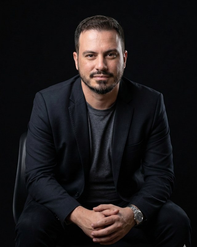 Daniel Magalhães, CEO da Globalvisa, sentado em estúdio fotográfico